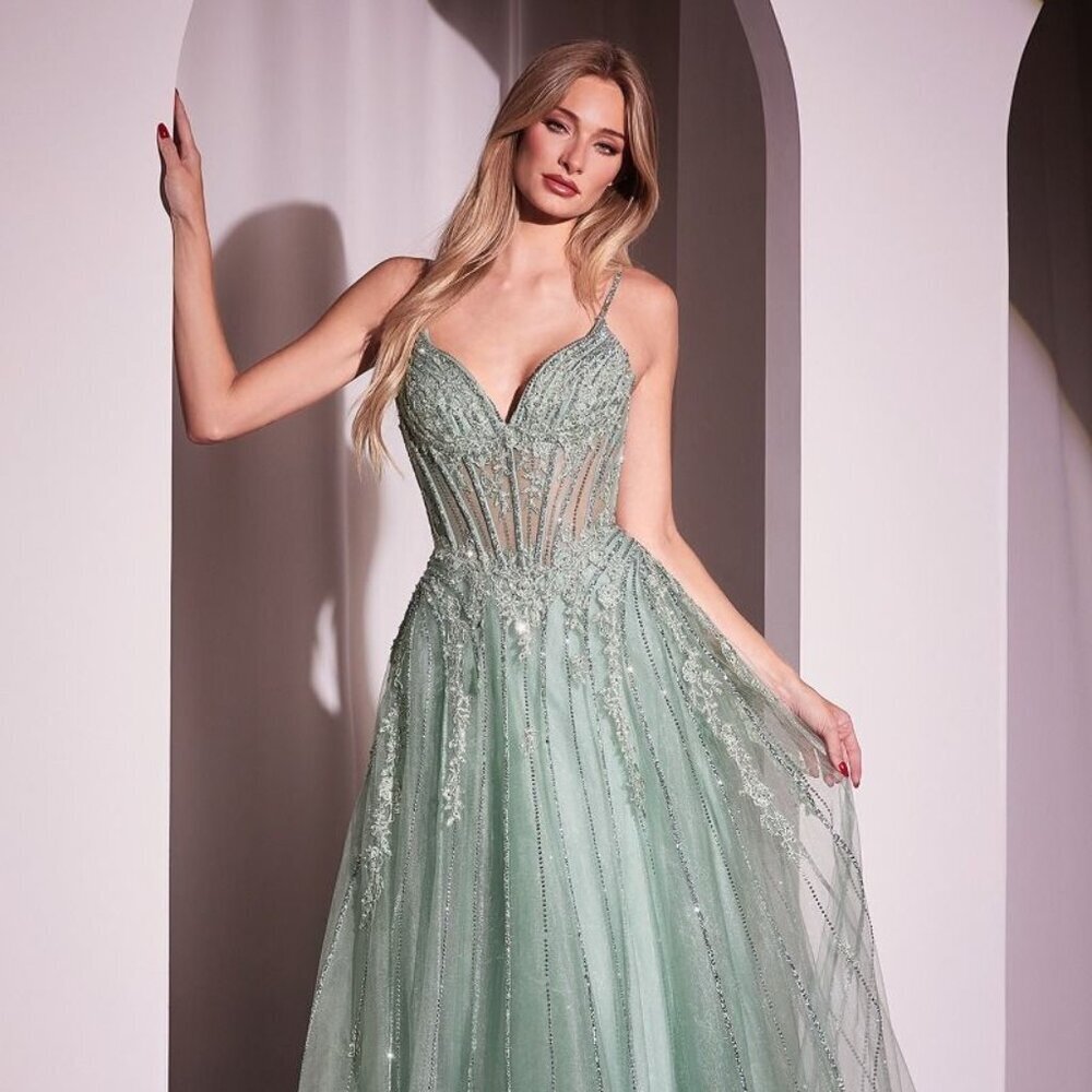 NEW LONG FORMAL SLEEVELESS LONG GOWN W/ V-NECKLINE & CRYSTAL EMBROIDERY CD786